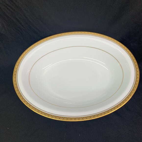 Noritake RICHMOND 6124 White Decor On Gold Band Smooth Rimmed Oval Serving Bowl - Picture 4 of 7